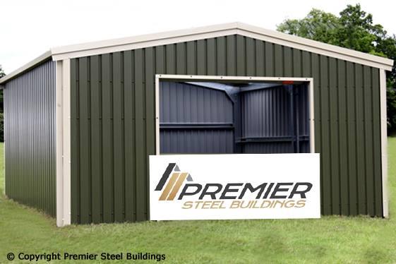 A green building with an open roller door showing Premier Steel's logo